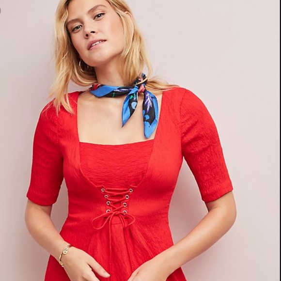 Maeve Anthropologie Red Corseted Dress 